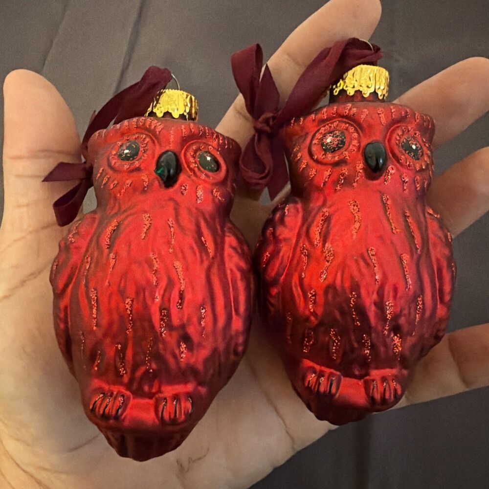 Vintage G&D Blown Glass Owl Christmas Ornaments Red Mercury Bohemia Czech Lot 2